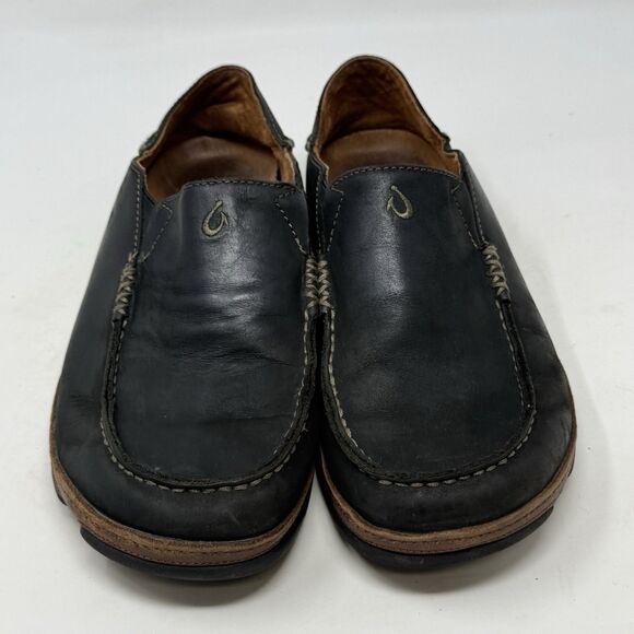 OluKai Moloa Shoes Mens 8 Black Leather Slip On Moc Toe Casual Loafers - Picture 5 of 16